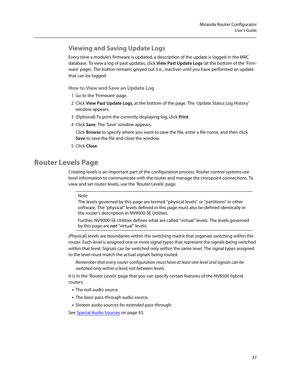 Viewing and saving update logs, Router levels page | Grass Valley MRC v.1.2 User Manual | Page 47 / 186