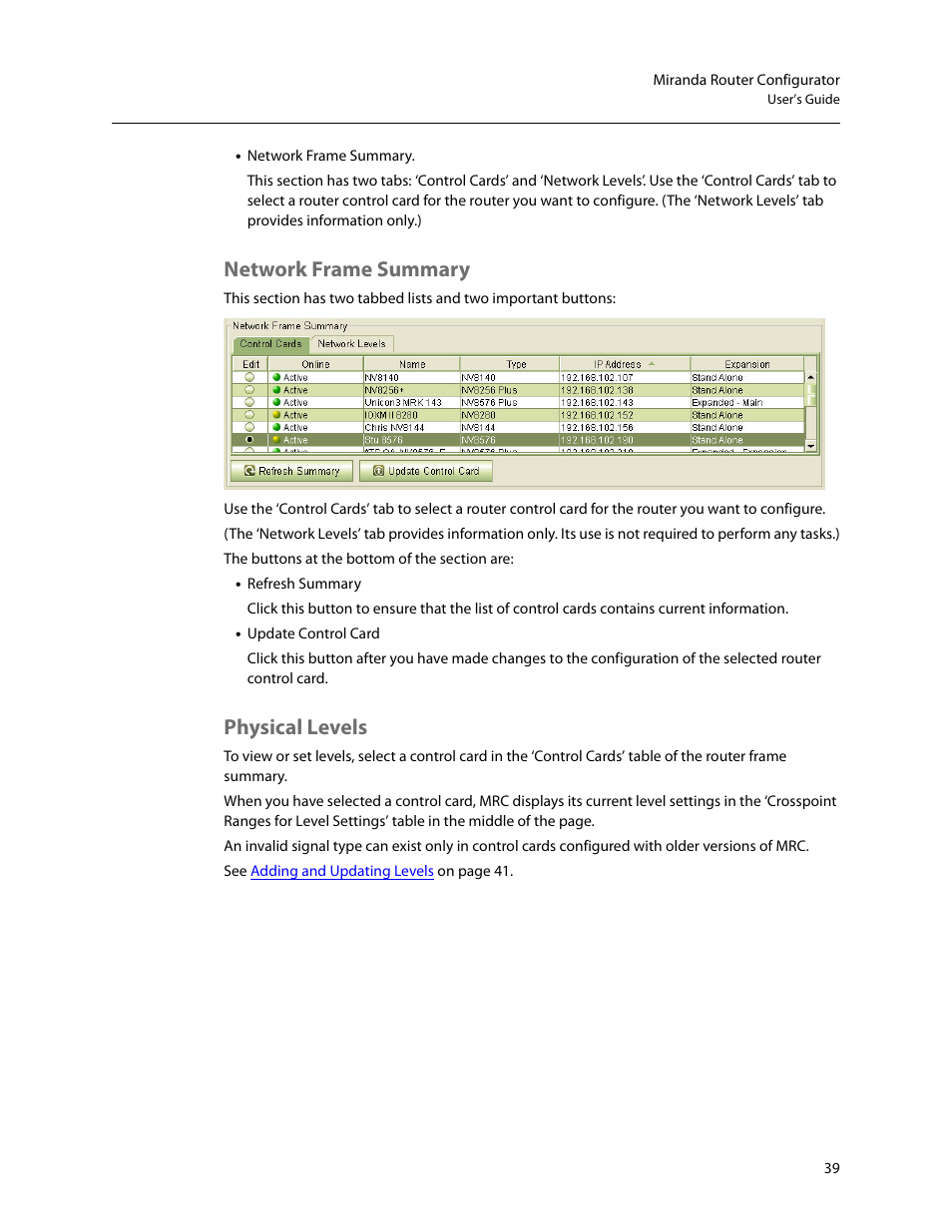 Network frame summary, Physical levels, Network frame summary physical levels | Grass Valley MRC v.1.2 User Manual | Page 49 / 186