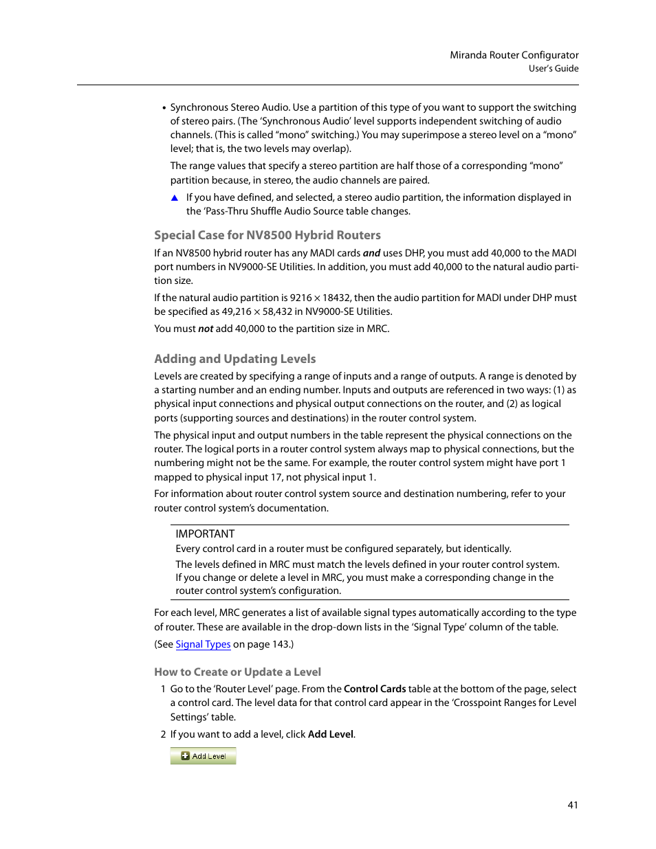 Special case for nv8500 hybrid routers, Adding and updating levels | Grass Valley MRC v.1.2 User Manual | Page 51 / 186