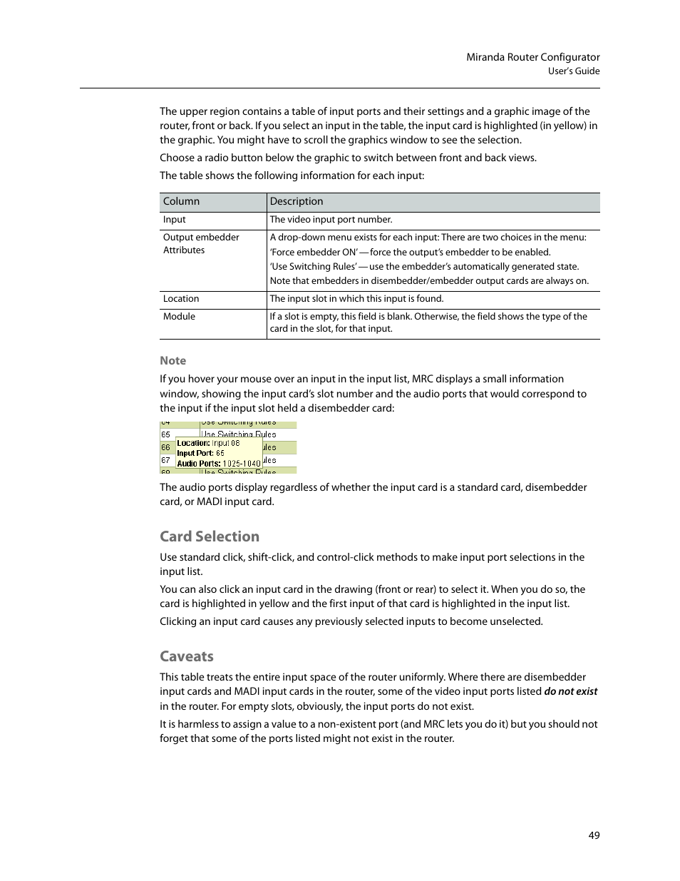 Card selection, Caveats, Card selection caveats | Grass Valley MRC v.1.2 User Manual | Page 59 / 186