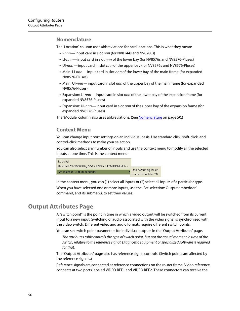 Nomenclature, Context menu, Nomenclature context menu | Output attributes page | Grass Valley MRC v.1.2 User Manual | Page 60 / 186