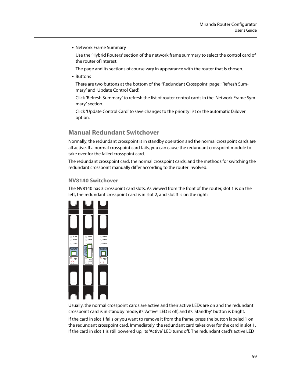 Manual redundant switchover, Nv8140 switchover, 59 miranda router configurator | User’s guide | Grass Valley MRC v.1.2 User Manual | Page 69 / 186