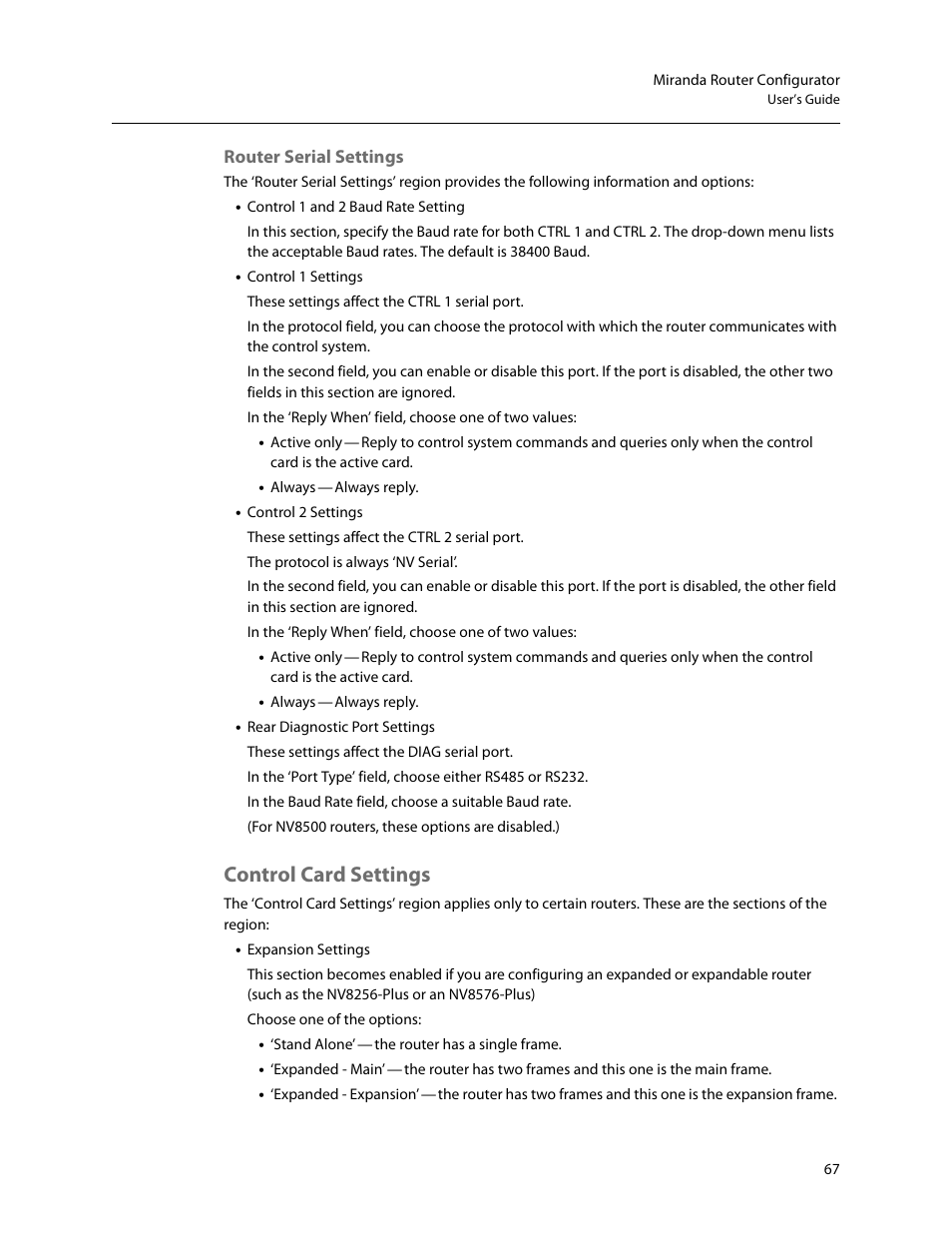Control card settings, Router serial settings | Grass Valley MRC v.1.2 User Manual | Page 77 / 186