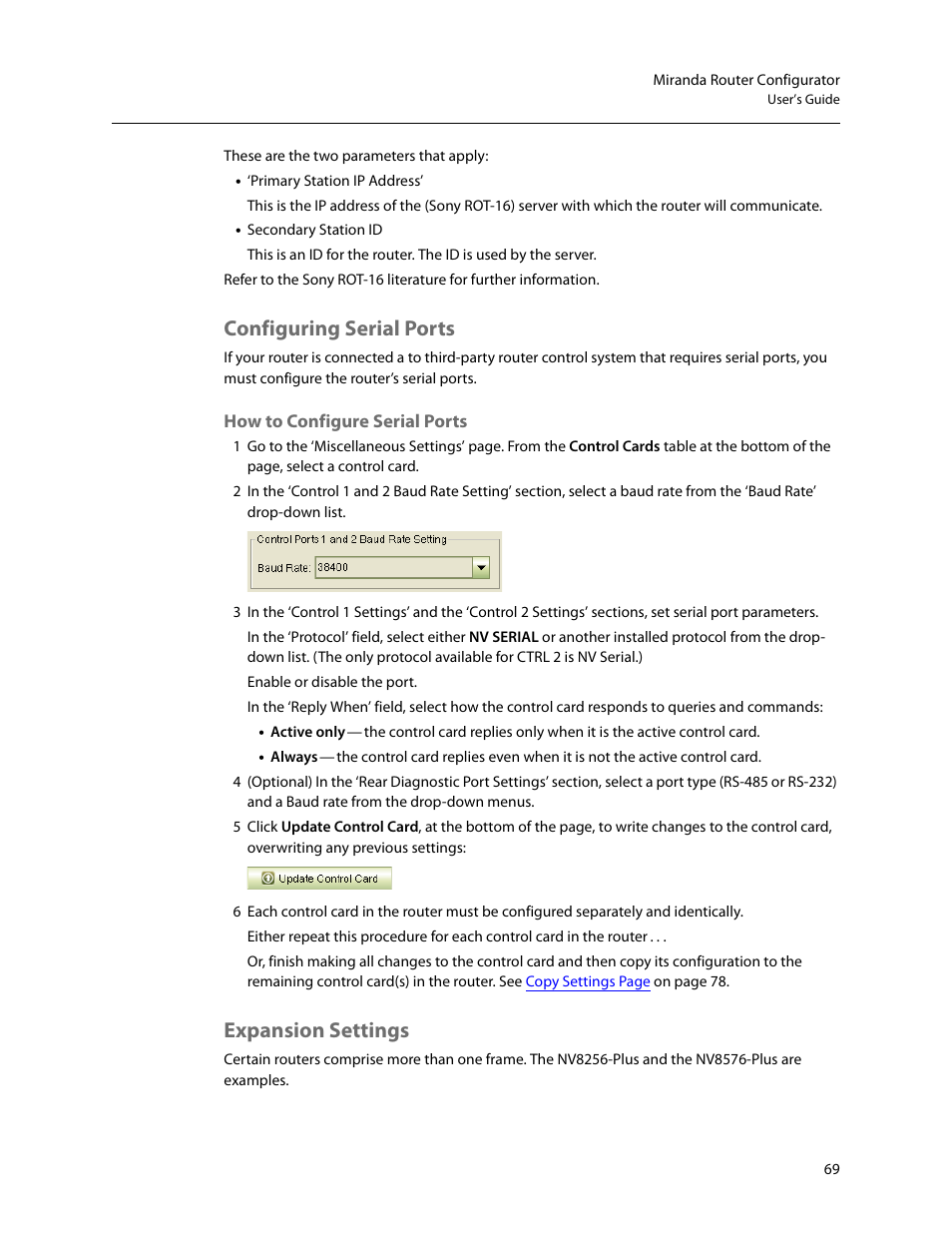 Configuring serial ports, Expansion settings, How to configure serial ports | Grass Valley MRC v.1.2 User Manual | Page 79 / 186