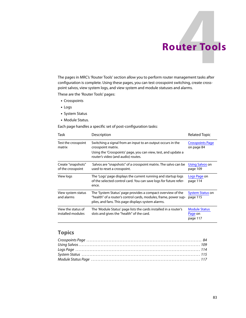Router tools, 4 router tools, Topics | Grass Valley MRC v.1.2 User Manual | Page 93 / 186