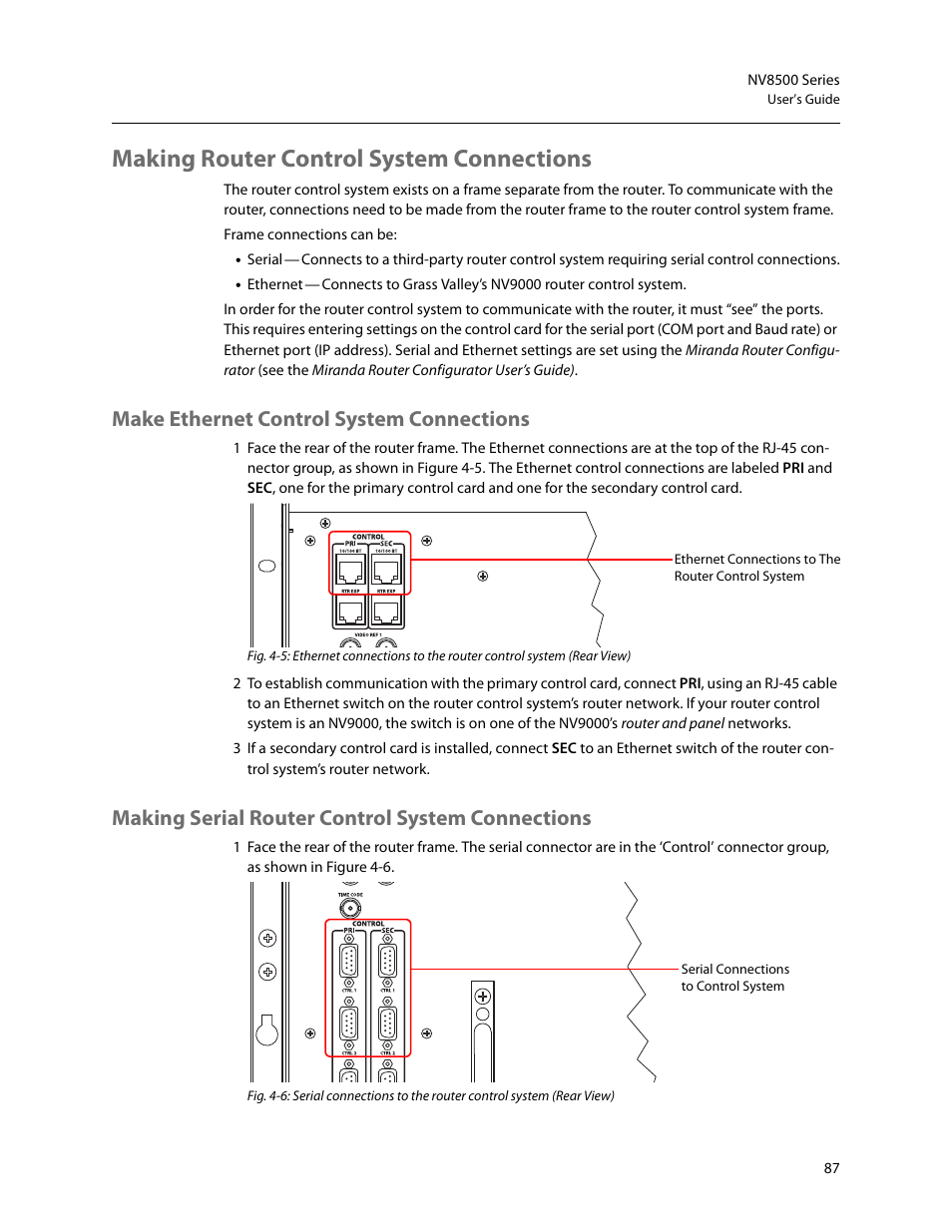 Making router control system connections, Make ethernet control system connections, Making serial router control system connections | Grass Valley NV8500 Series v.3.5 User Manual | Page 103 / 246