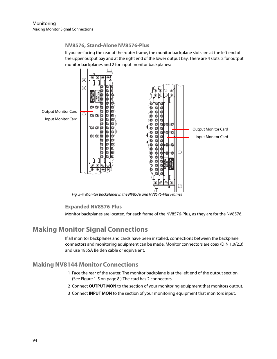 Making monitor signal connections, Making nv8144 monitor connections | Grass Valley NV8500 Series v.3.5 User Manual | Page 110 / 246