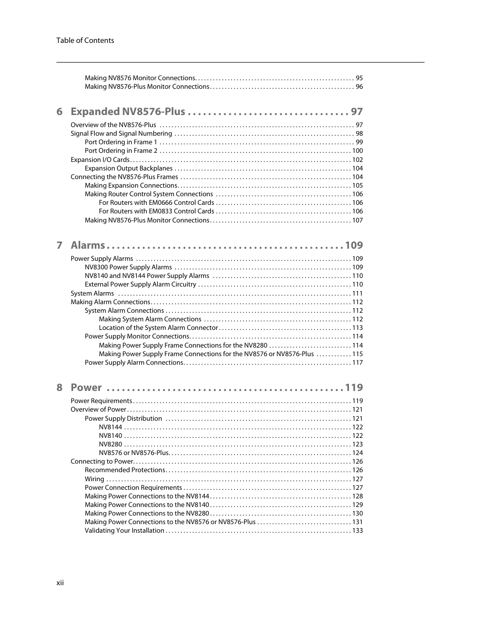 7 alarms, 8 power | Grass Valley NV8500 Series v.3.5 User Manual | Page 12 / 246