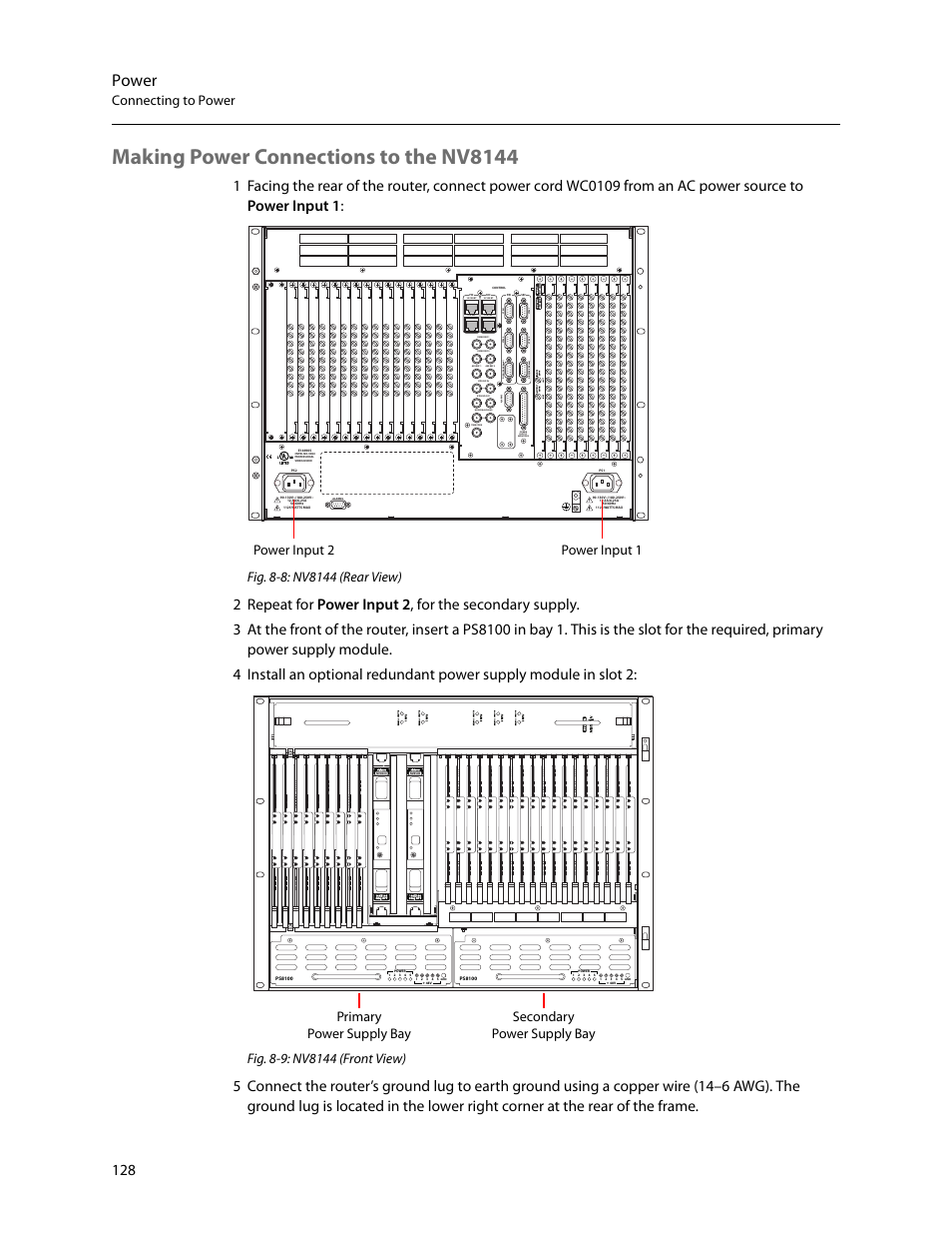 Making power connections to the nv8144, Power, Connecting to power | Power input 1 power input 2 | Grass Valley NV8500 Series v.3.5 User Manual | Page 144 / 246