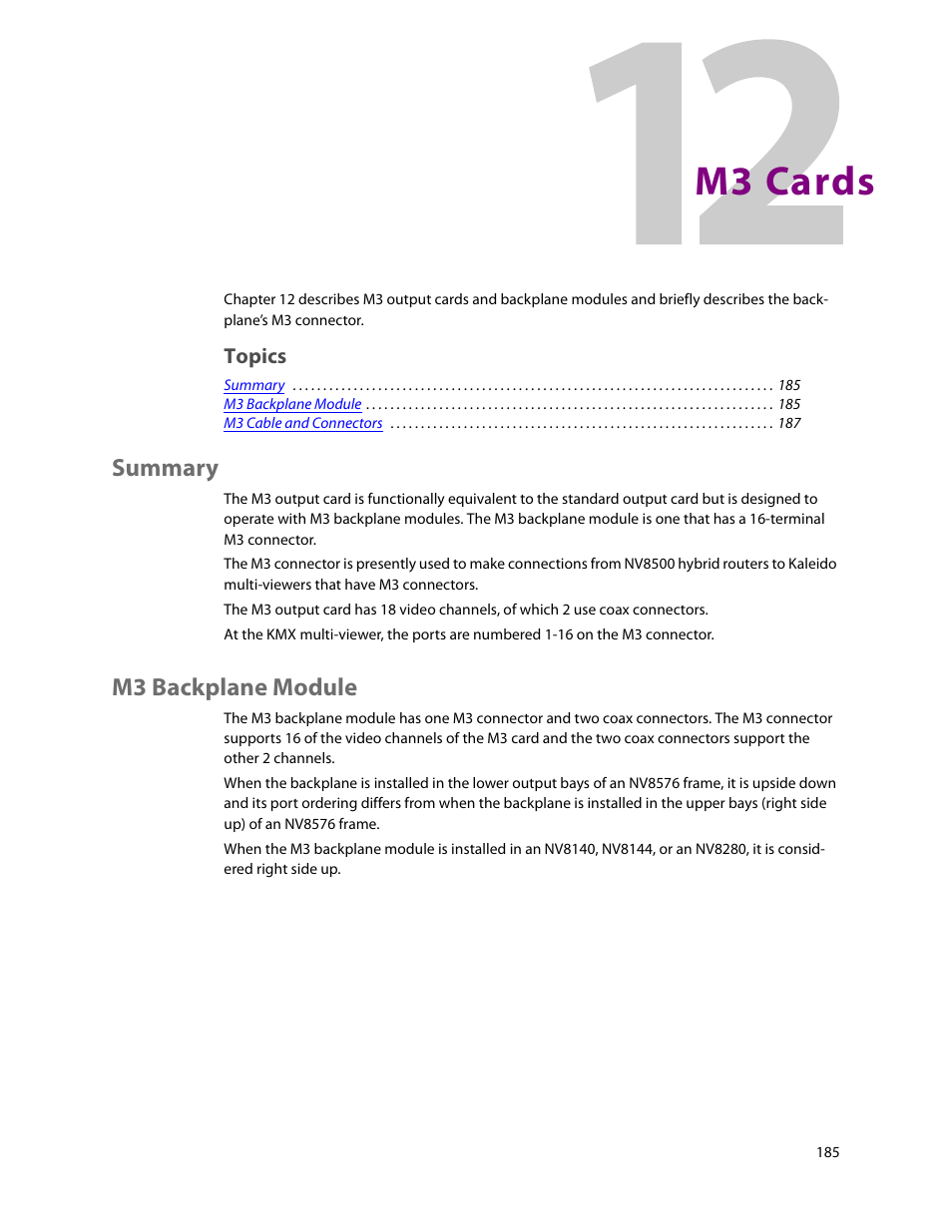 M3 cards, Summary, M3 backplane module | 12 m3 cards, Summary m3 backplane module | Grass Valley NV8500 Series v.3.5 User Manual | Page 201 / 246