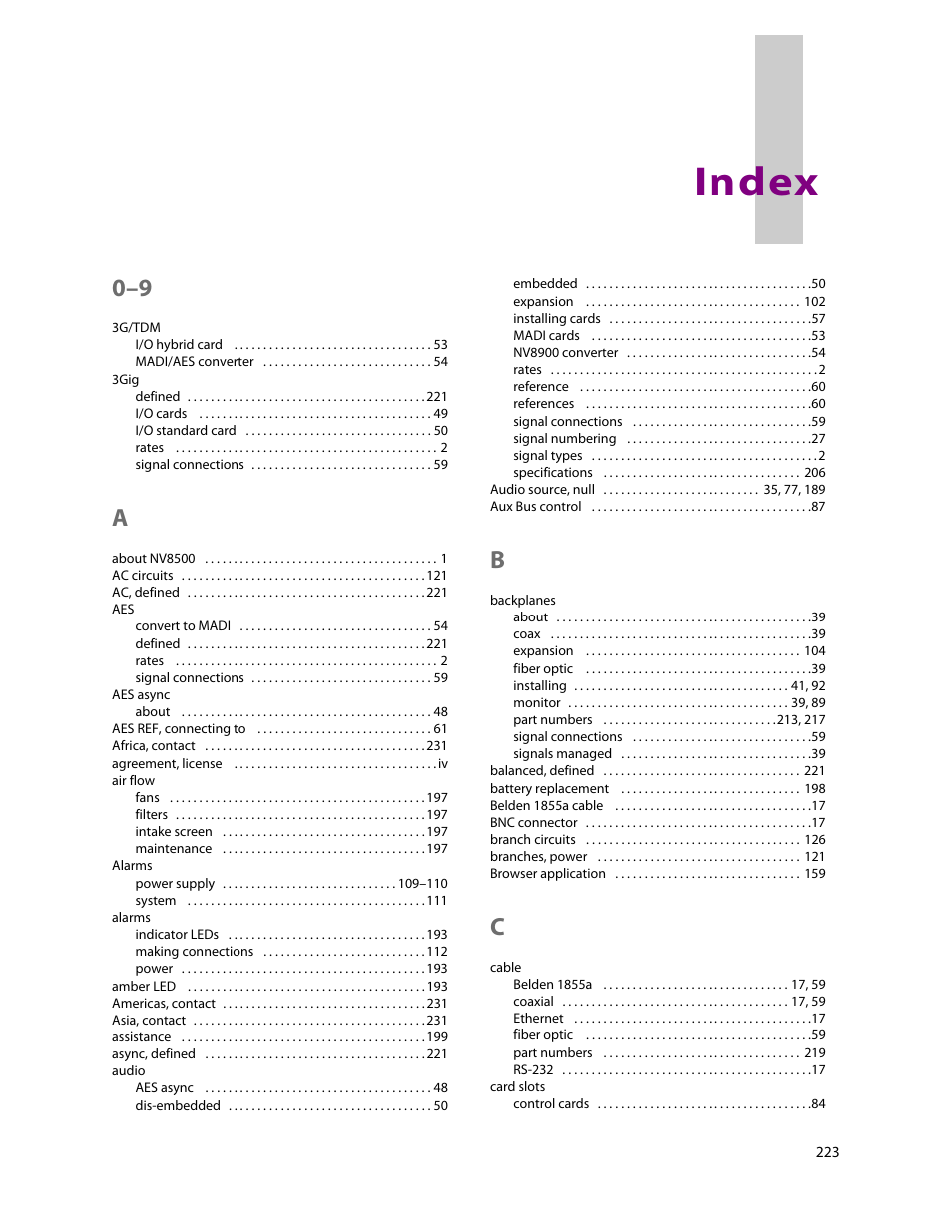 Index | Grass Valley NV8500 Series v.3.5 User Manual | Page 239 / 246