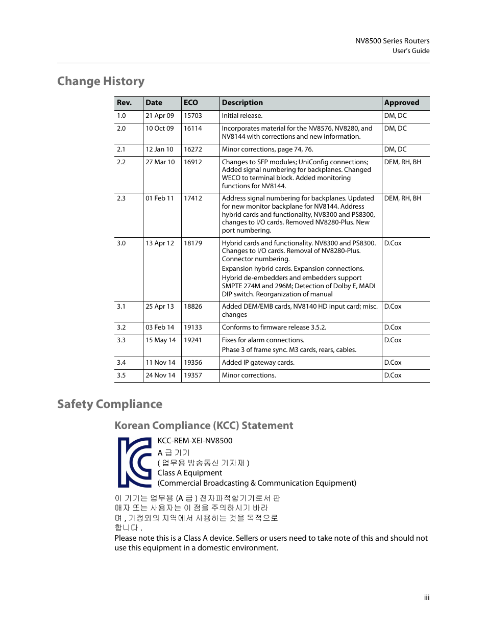 Change history safety compliance, Korean compliance (kcc) statement | Grass Valley NV8500 Series v.3.5 User Manual | Page 3 / 246