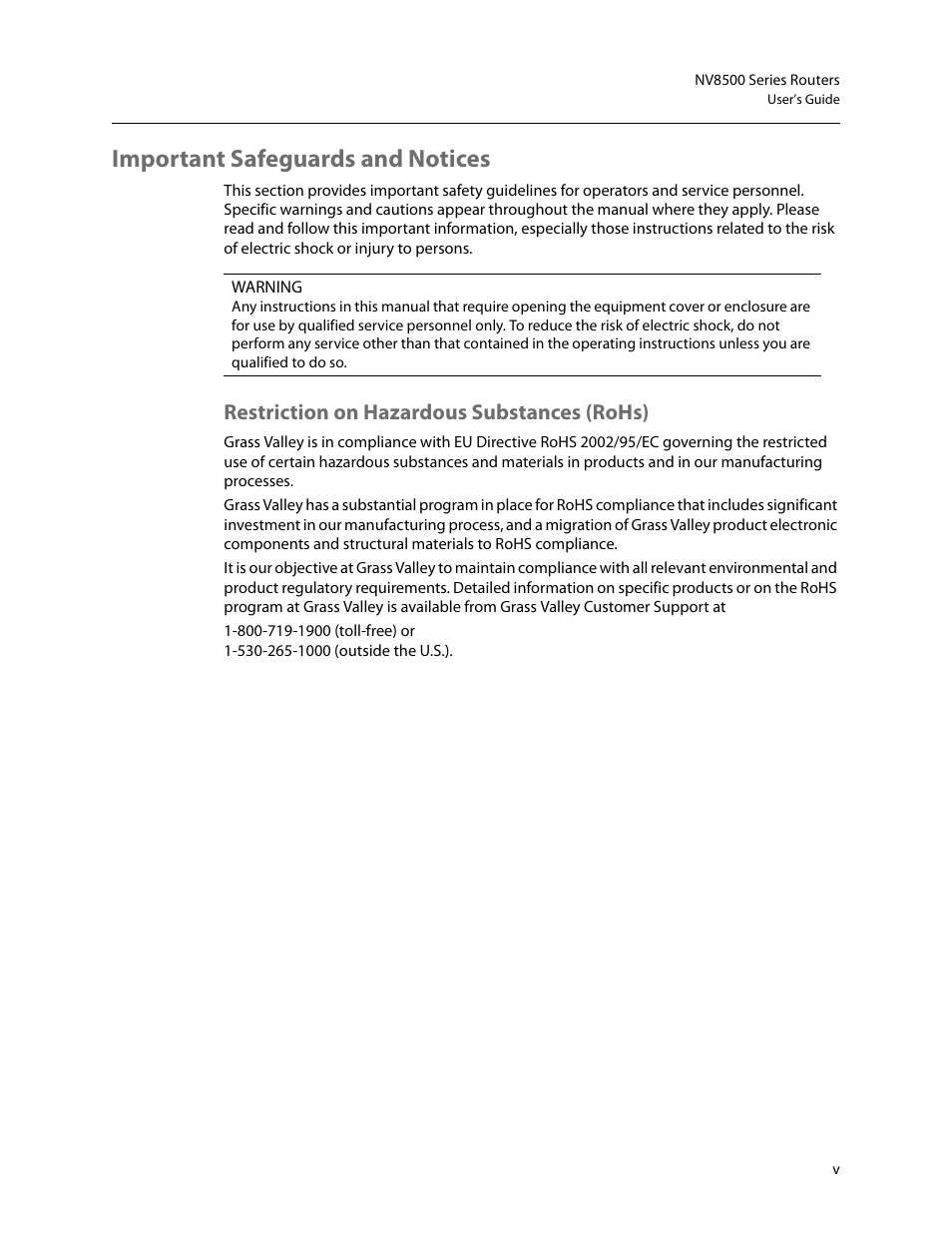 Important safeguards and notices, Restriction on hazardous substances (rohs) | Grass Valley NV8500 Series v.3.5 User Manual | Page 5 / 246