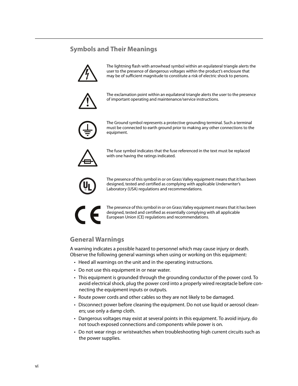 Symbols and their meanings general warnings | Grass Valley NV8500 Series v.3.5 User Manual | Page 6 / 246