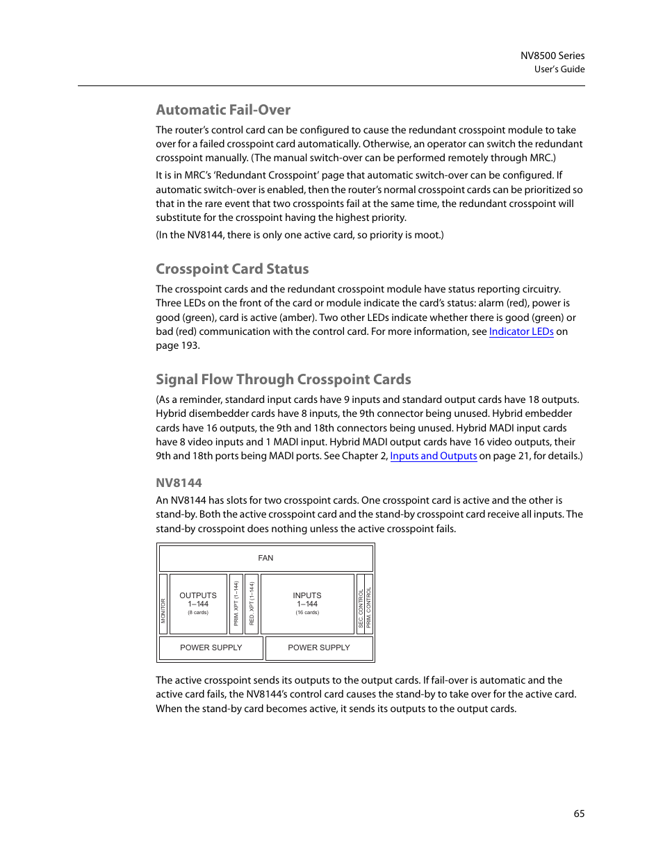 Automatic fail-over, Crosspoint card status, Signal flow through crosspoint cards | Nv8144 | Grass Valley NV8500 Series v.3.5 User Manual | Page 81 / 246