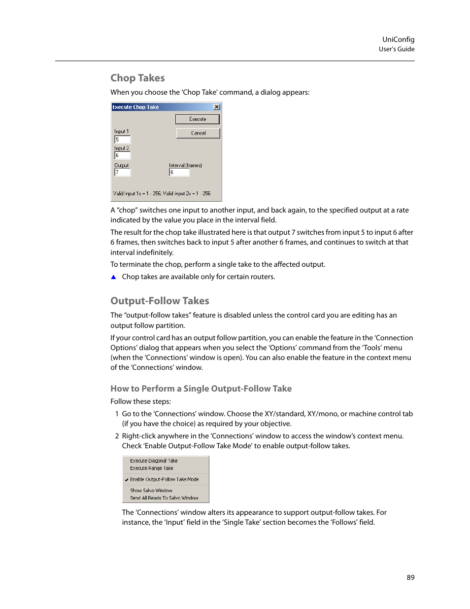 Chop takes, Output-follow takes, Chop takes output-follow takes | How to perform a single output-follow take | Grass Valley UniConfi NVISION Series v.2.1 User Manual | Page 101 / 166