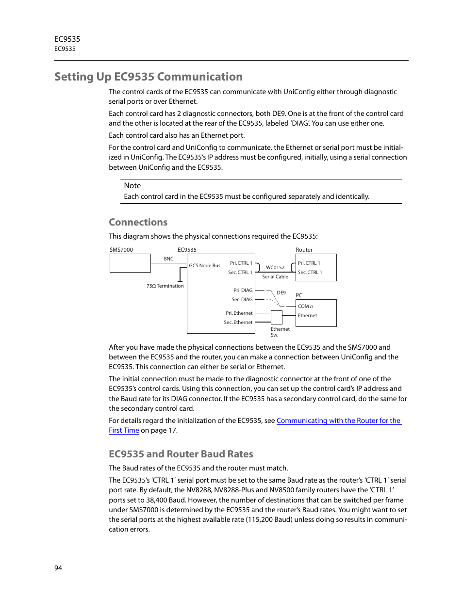 Setting up ec9535 communication, Connections, Ec9535 and router baud rates | Connections ec9535 and router baud rates, Setting up ec9535 communi, Cation, Ec9535 | Grass Valley UniConfi NVISION Series v.2.1 User Manual | Page 106 / 166