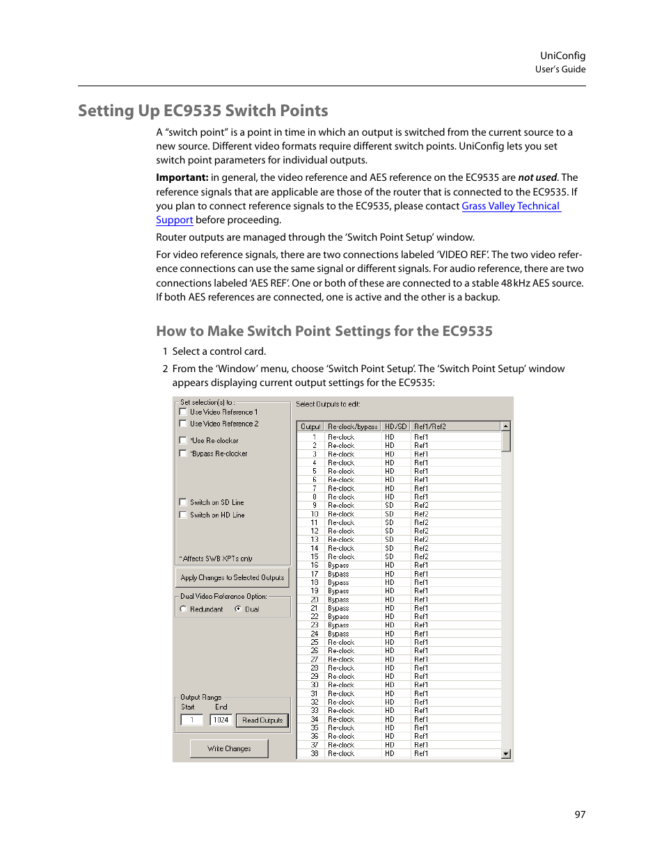 Setting up ec9535 switch points, How to make switch point settings for the ec9535, Setting up ec9535 | Switch points | Grass Valley UniConfi NVISION Series v.2.1 User Manual | Page 109 / 166