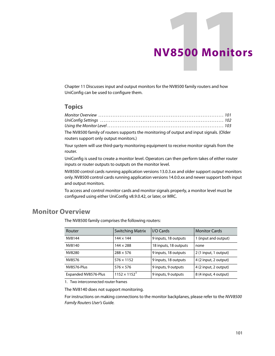 Nv8500 monitors, Monitor overview, 11 nv8500 monitors | Chapter 11, Topics | Grass Valley UniConfi NVISION Series v.2.1 User Manual | Page 113 / 166