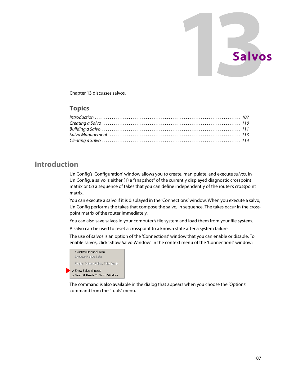 Salvos, Introduction, 13 salvos | Chapter 13, Rmation, see, Ee chapter 13 | Grass Valley UniConfi NVISION Series v.2.1 User Manual | Page 119 / 166