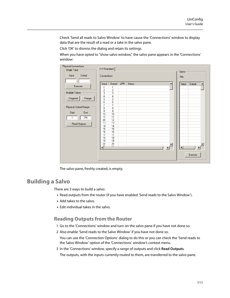 Building a salvo, Reading outputs from the router | Grass Valley UniConfi NVISION Series v.2.1 User Manual | Page 123 / 166