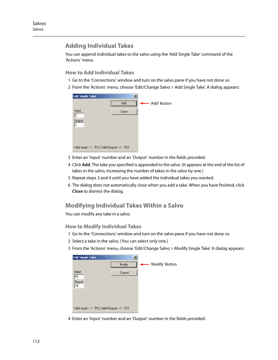 Adding individual takes, Modifying individual takes within a salvo, How to add individual takes | How to modify individual takes | Grass Valley UniConfi NVISION Series v.2.1 User Manual | Page 124 / 166