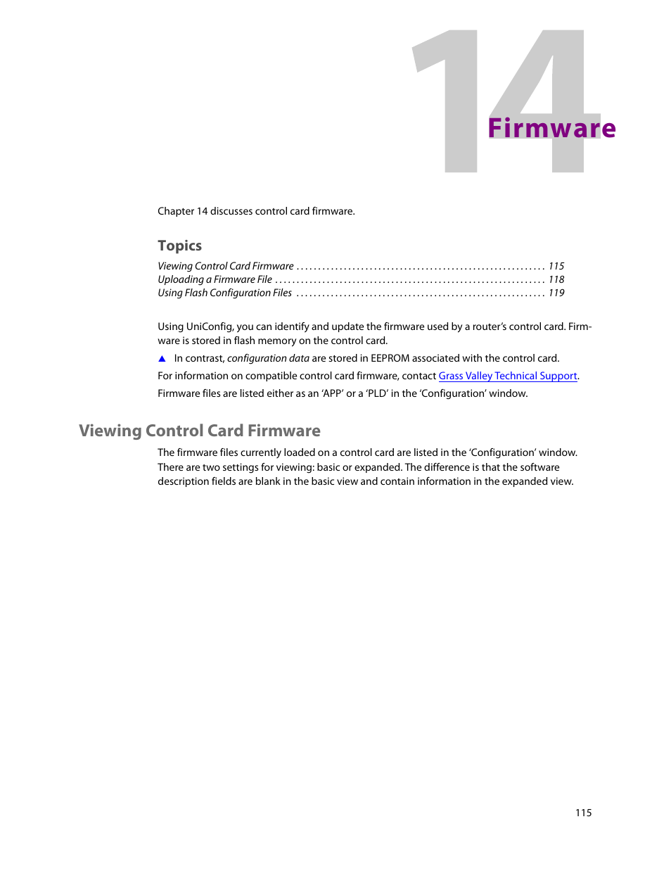 Firmware, Viewing control card firmware, 14 firmware | Chapter 14 | Grass Valley UniConfi NVISION Series v.2.1 User Manual | Page 127 / 166