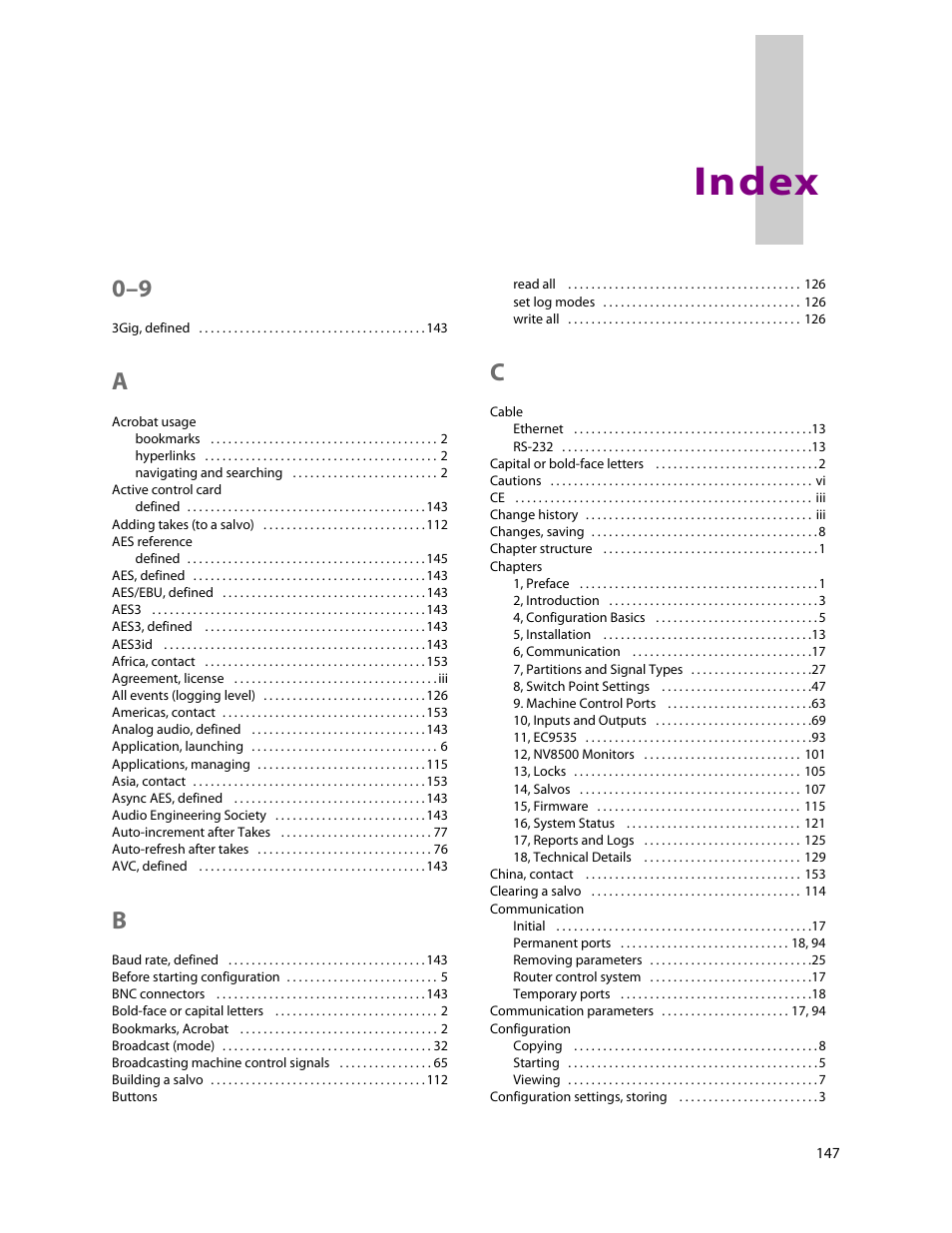 Index | Grass Valley UniConfi NVISION Series v.2.1 User Manual | Page 159 / 166