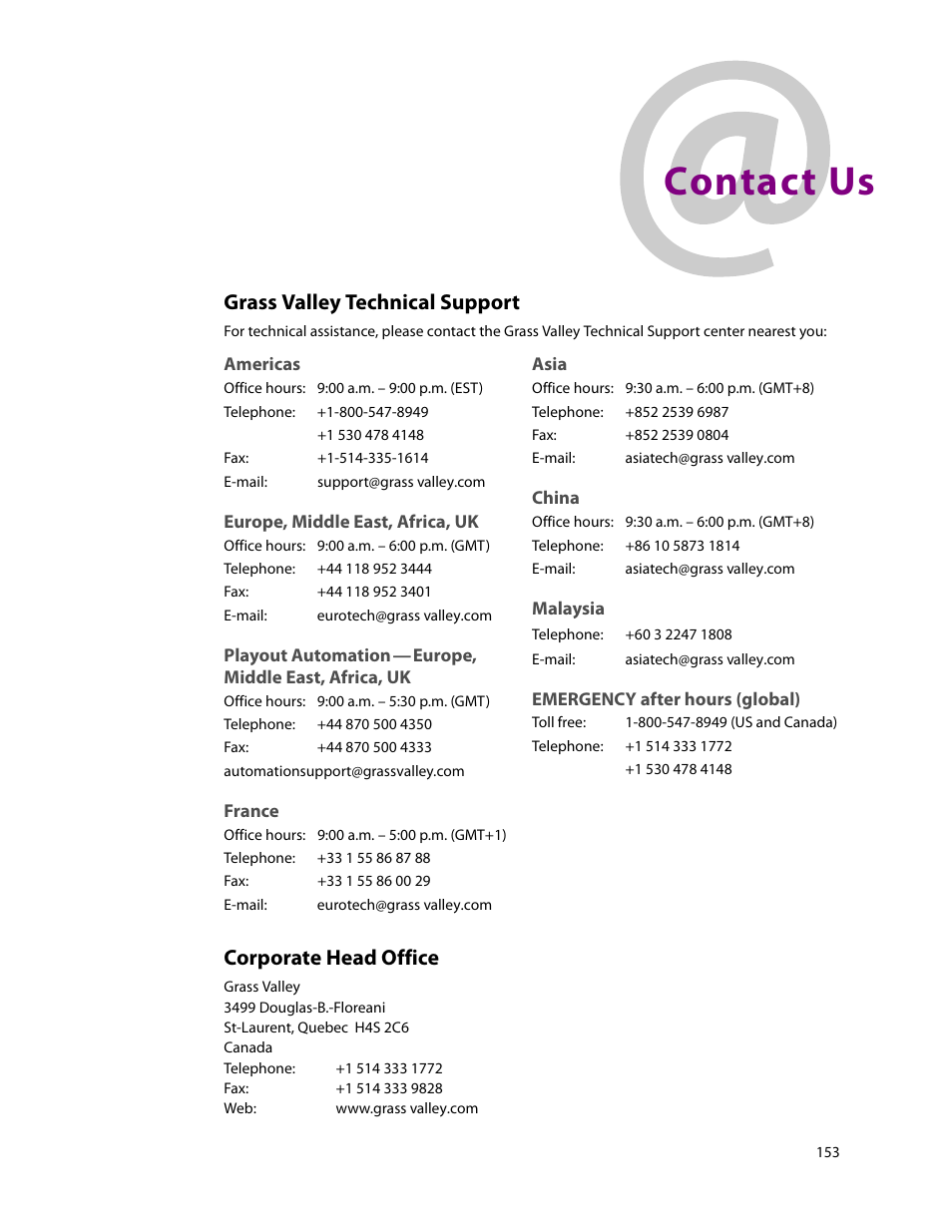 Contact us, Grass valley technical support, Grass | Valley technical support, Africa, contact, Americas, contact, Asia, contact, China, contact, Contact miranda, Corporate office, contact | Grass Valley UniConfi NVISION Series v.2.1 User Manual | Page 165 / 166