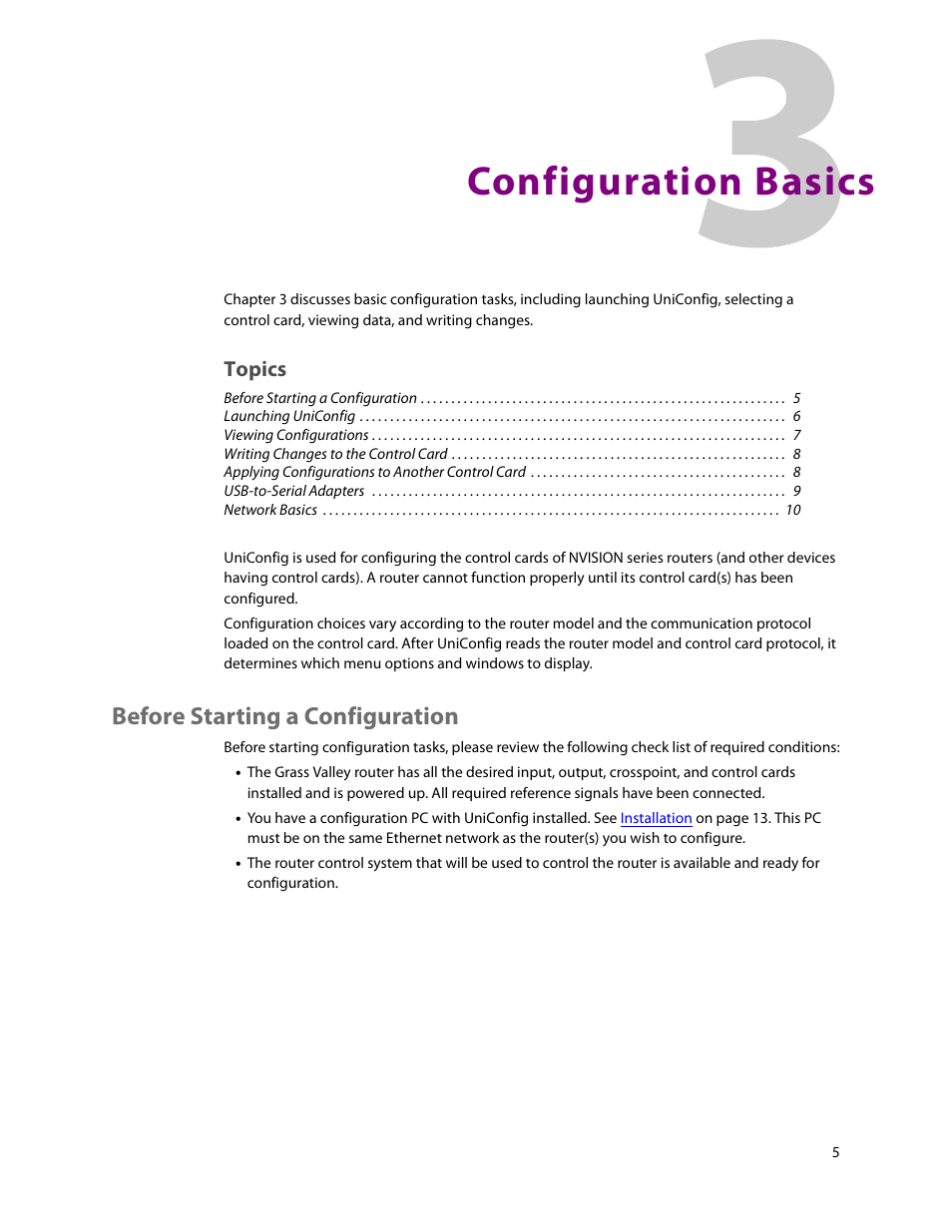 Configuration basics, Before starting a configuration, 3 configuration basics | Chapter 3, Topics | Grass Valley UniConfi NVISION Series v.2.1 User Manual | Page 17 / 166