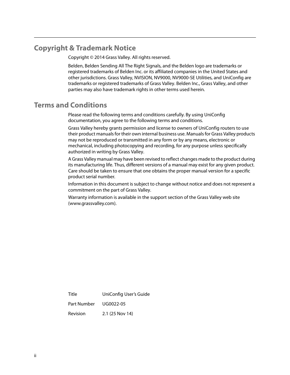 Copyright & trademark notice, Terms and conditions | Grass Valley UniConfi NVISION Series v.2.1 User Manual | Page 2 / 166