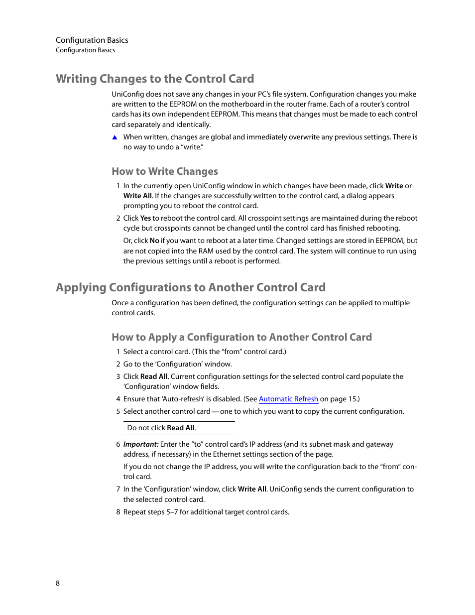 Writing changes to the control card, How to write changes, Applying configurations to another control card | Grass Valley UniConfi NVISION Series v.2.1 User Manual | Page 20 / 166