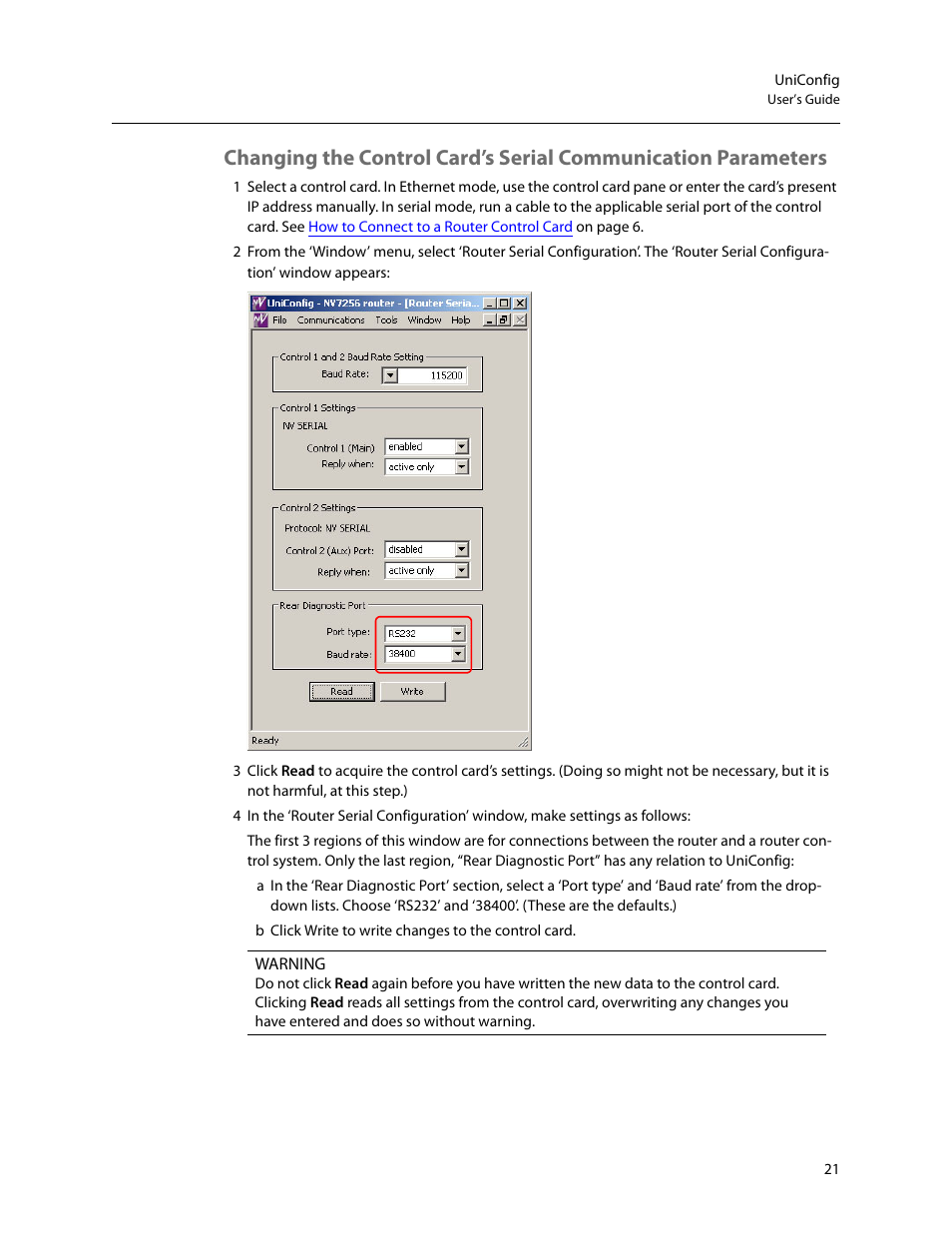 Changing the, Control card’s serial communication parameters | Grass Valley UniConfi NVISION Series v.2.1 User Manual | Page 33 / 166