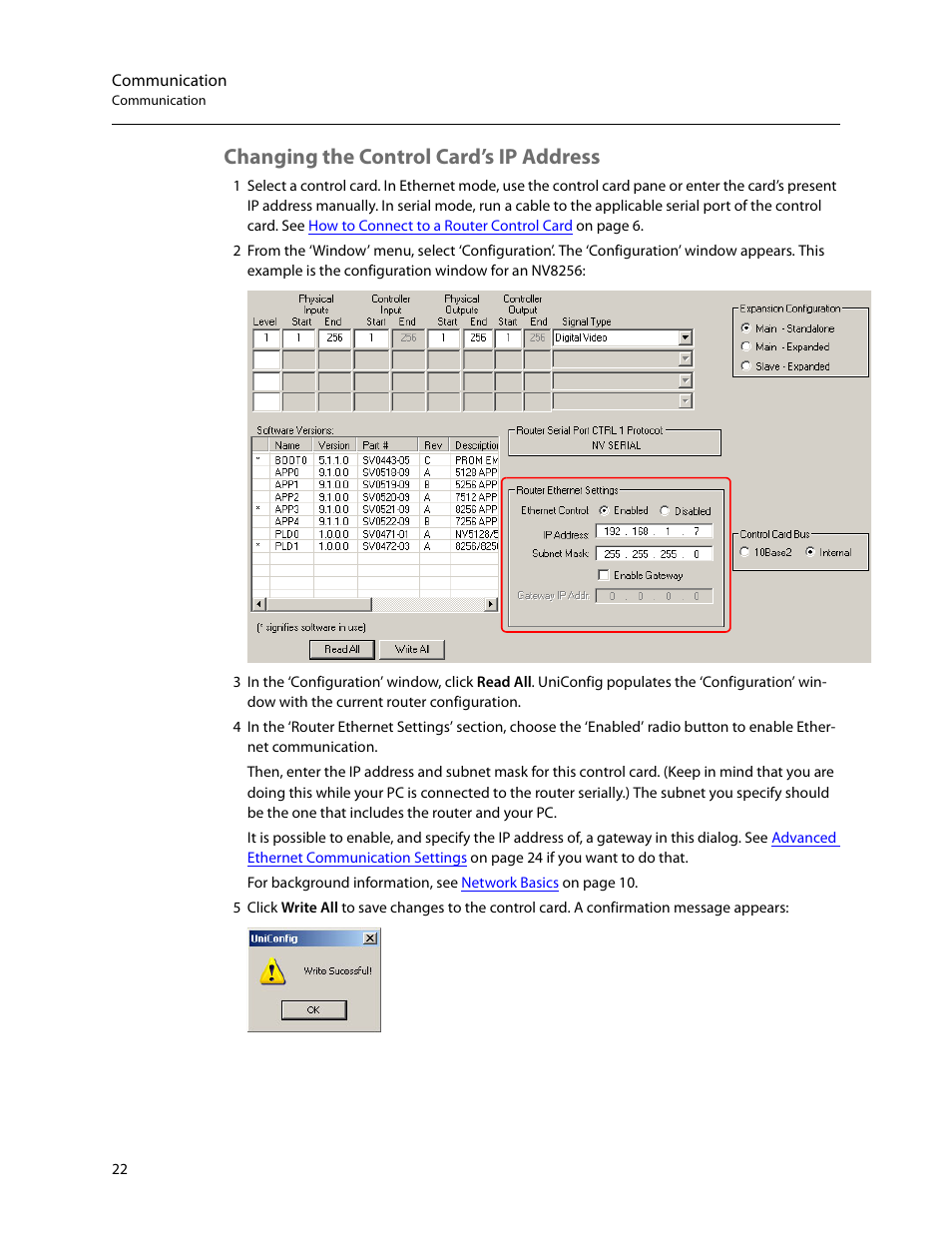 Changing the control card’s ip address | Grass Valley UniConfi NVISION Series v.2.1 User Manual | Page 34 / 166