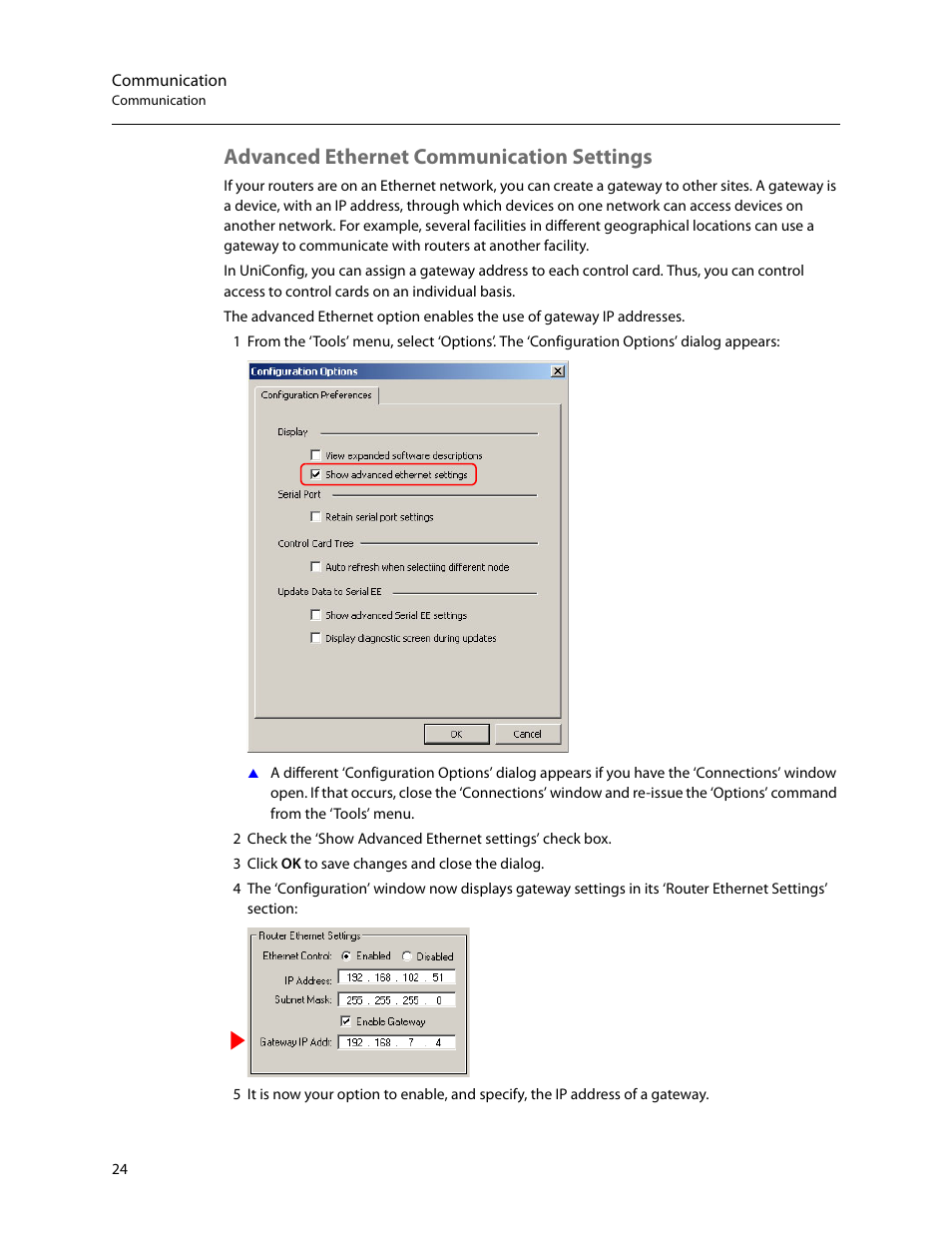 Advanced ethernet communication settings, Advanced, Ethernet communication settings | Grass Valley UniConfi NVISION Series v.2.1 User Manual | Page 36 / 166