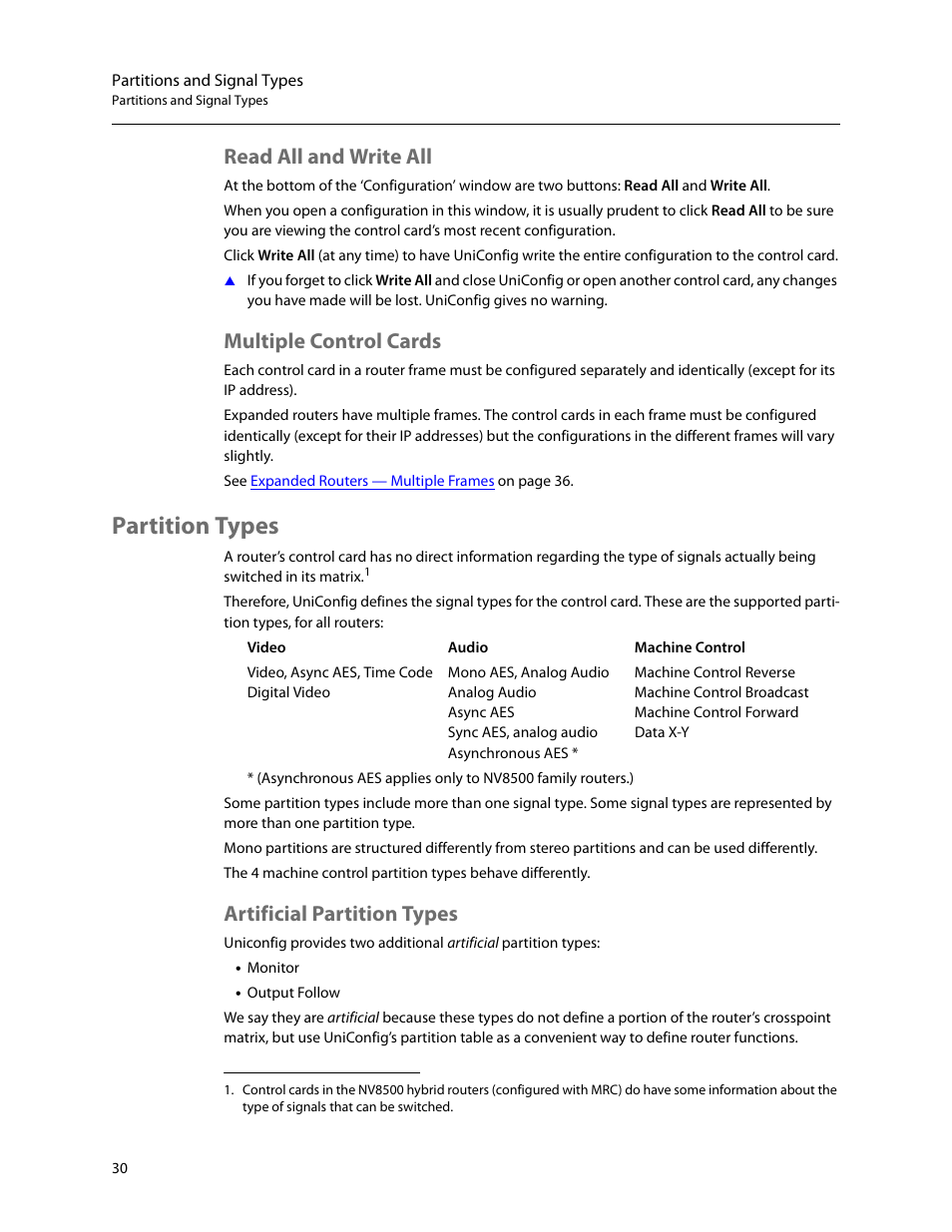 Read all and write all, Multiple control cards, Partition types | Artificial partition types, Read all and write all multiple control cards | Grass Valley UniConfi NVISION Series v.2.1 User Manual | Page 42 / 166