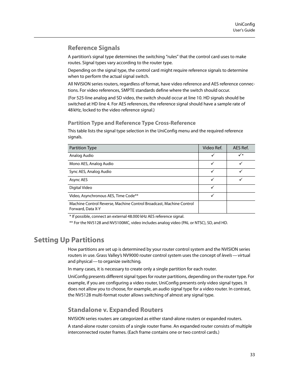Reference signals, Setting up partitions, Standalone v. expanded routers | Partition type and reference type cross-reference | Grass Valley UniConfi NVISION Series v.2.1 User Manual | Page 45 / 166