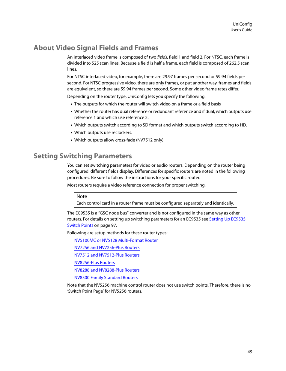 About video signal fields and frames, Setting switching parameters | Grass Valley UniConfi NVISION Series v.2.1 User Manual | Page 61 / 166