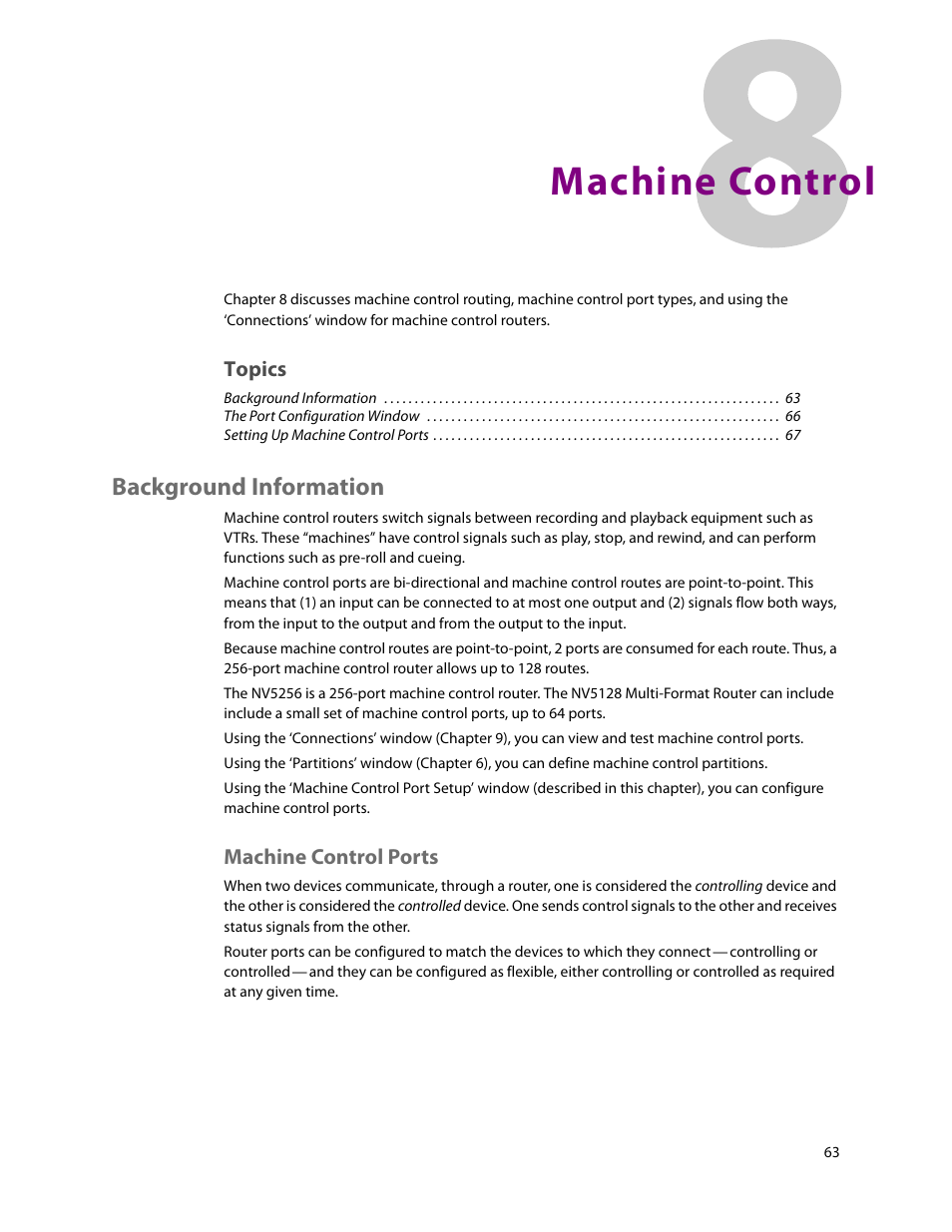 Machine control, Background information, Machine control ports | 8 machine control, Chapter 8, Topics | Grass Valley UniConfi NVISION Series v.2.1 User Manual | Page 75 / 166
