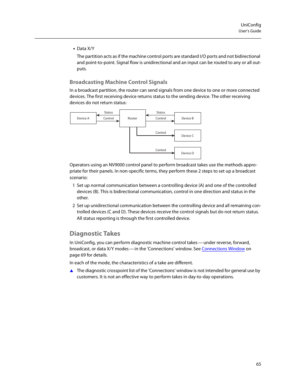 Diagnostic takes, Broadcasting machine control signals | Grass Valley UniConfi NVISION Series v.2.1 User Manual | Page 77 / 166