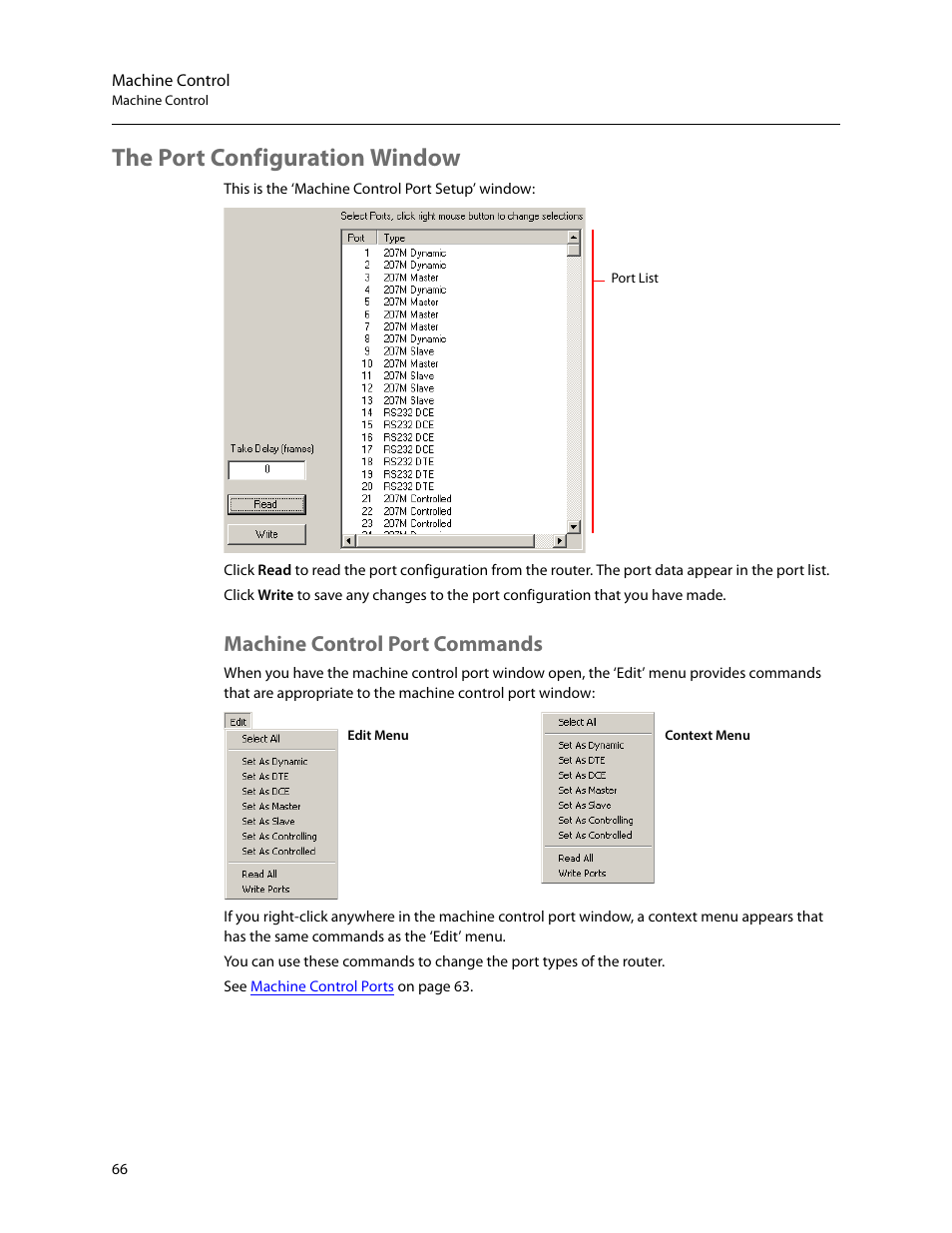 The port configuration window, Machine control port commands | Grass Valley UniConfi NVISION Series v.2.1 User Manual | Page 78 / 166