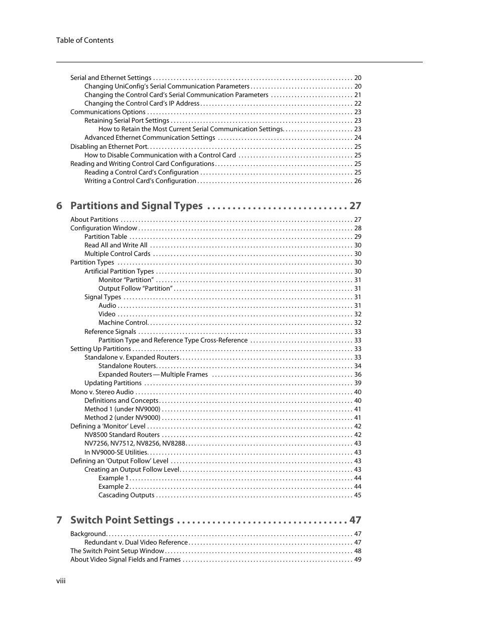 6 partitions and signal types, 7 switch point settings | Grass Valley UniConfi NVISION Series v.2.1 User Manual | Page 8 / 166