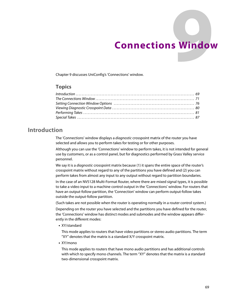 Connections window, Introduction, 9 connections window | Chapter 9, Connections win, Topics | Grass Valley UniConfi NVISION Series v.2.1 User Manual | Page 81 / 166