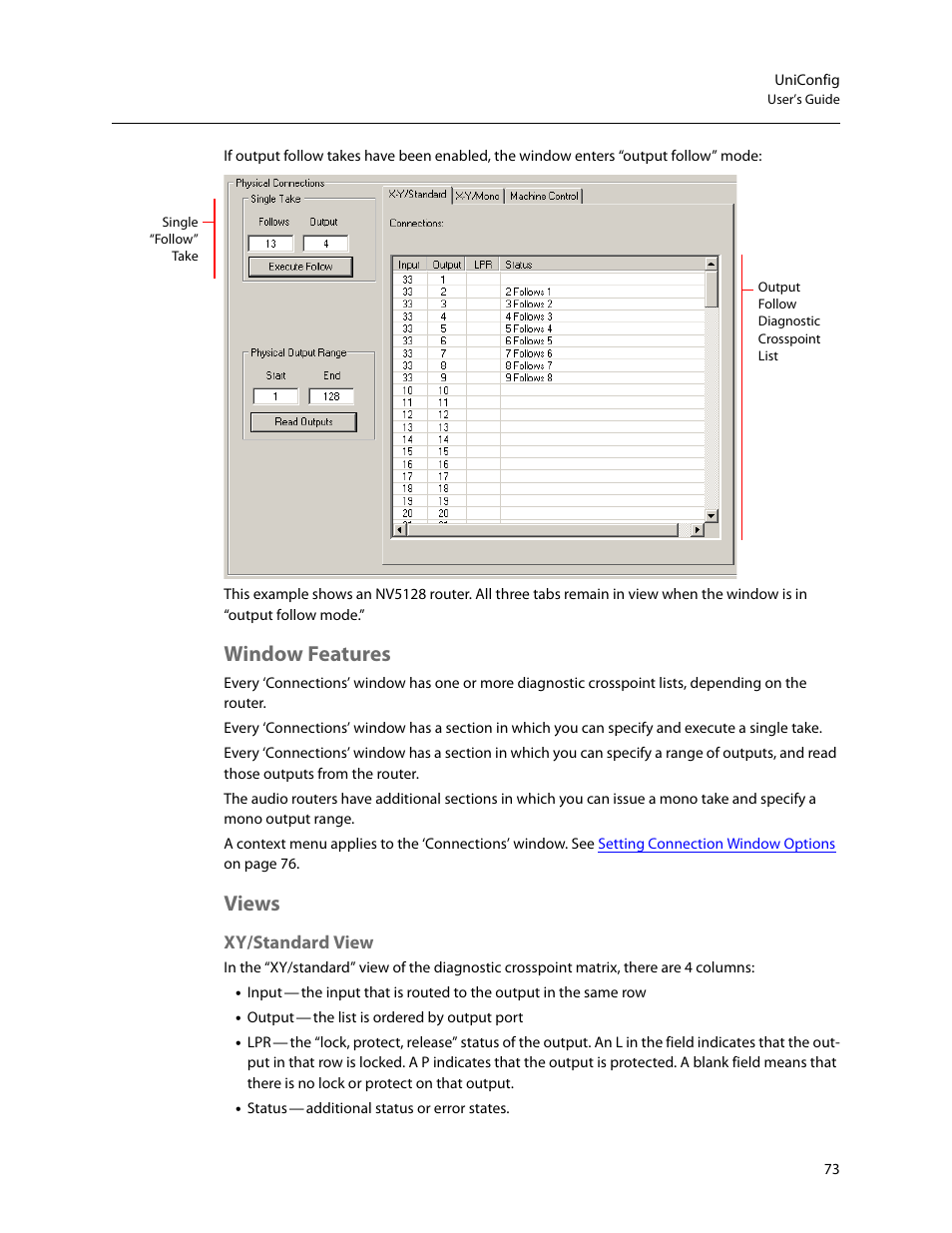 Window features, Views, Window features views | Xy/standard view | Grass Valley UniConfi NVISION Series v.2.1 User Manual | Page 85 / 166