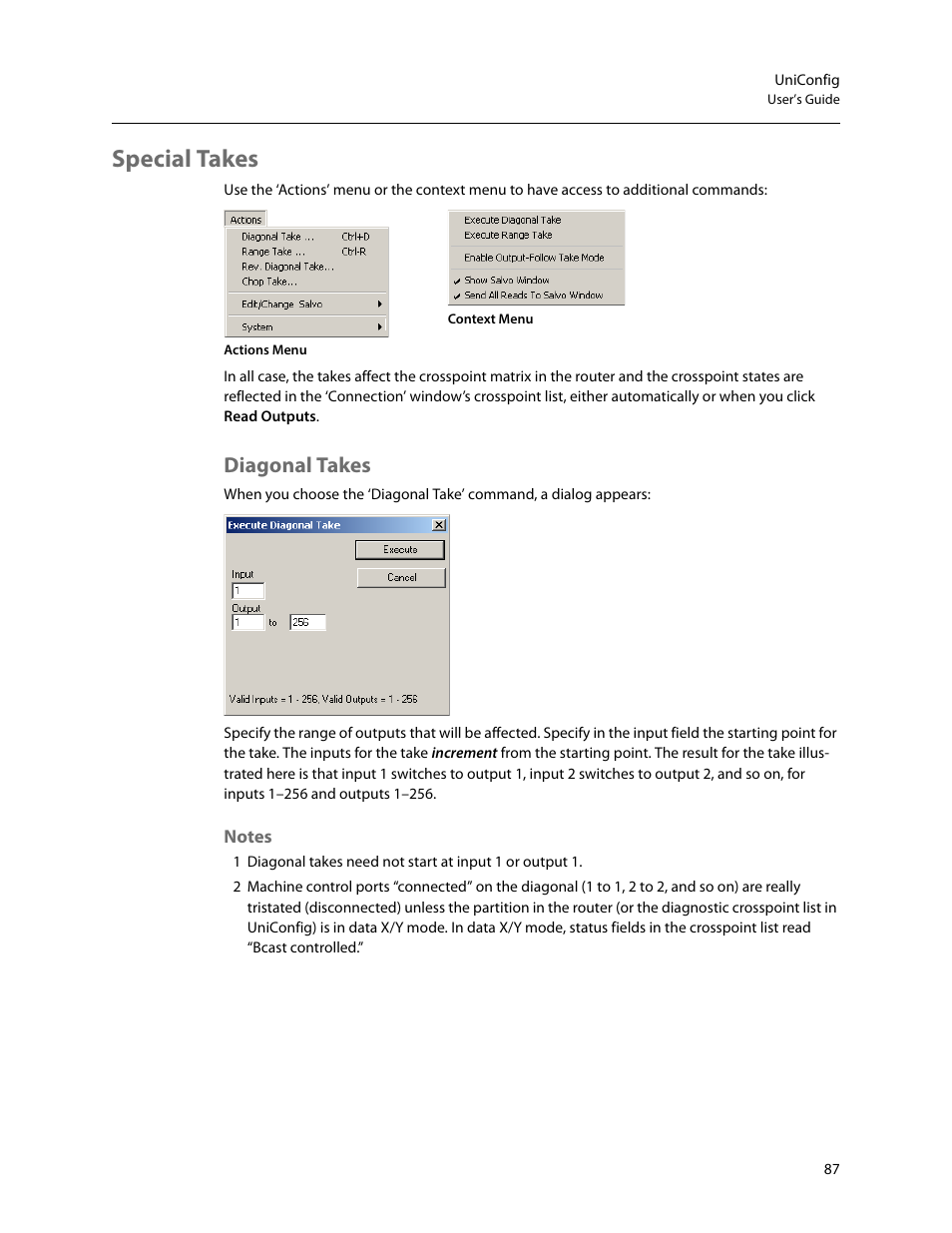 Special takes, Diagonal takes, Notes | Following | Grass Valley UniConfi NVISION Series v.2.1 User Manual | Page 99 / 166