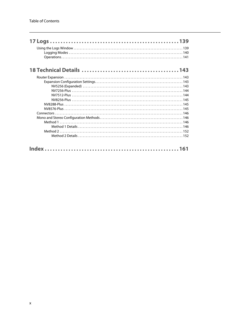 17 logs, 18 technical details, Index | Grass Valley UniConfi NVISION Series v.2.0 User Manual | Page 10 / 178