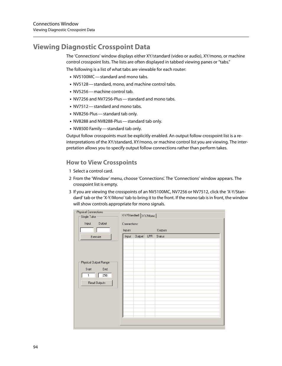 Viewing diagnostic crosspoint data, How to view crosspoints, Connections window | Grass Valley UniConfi NVISION Series v.2.0 User Manual | Page 104 / 178