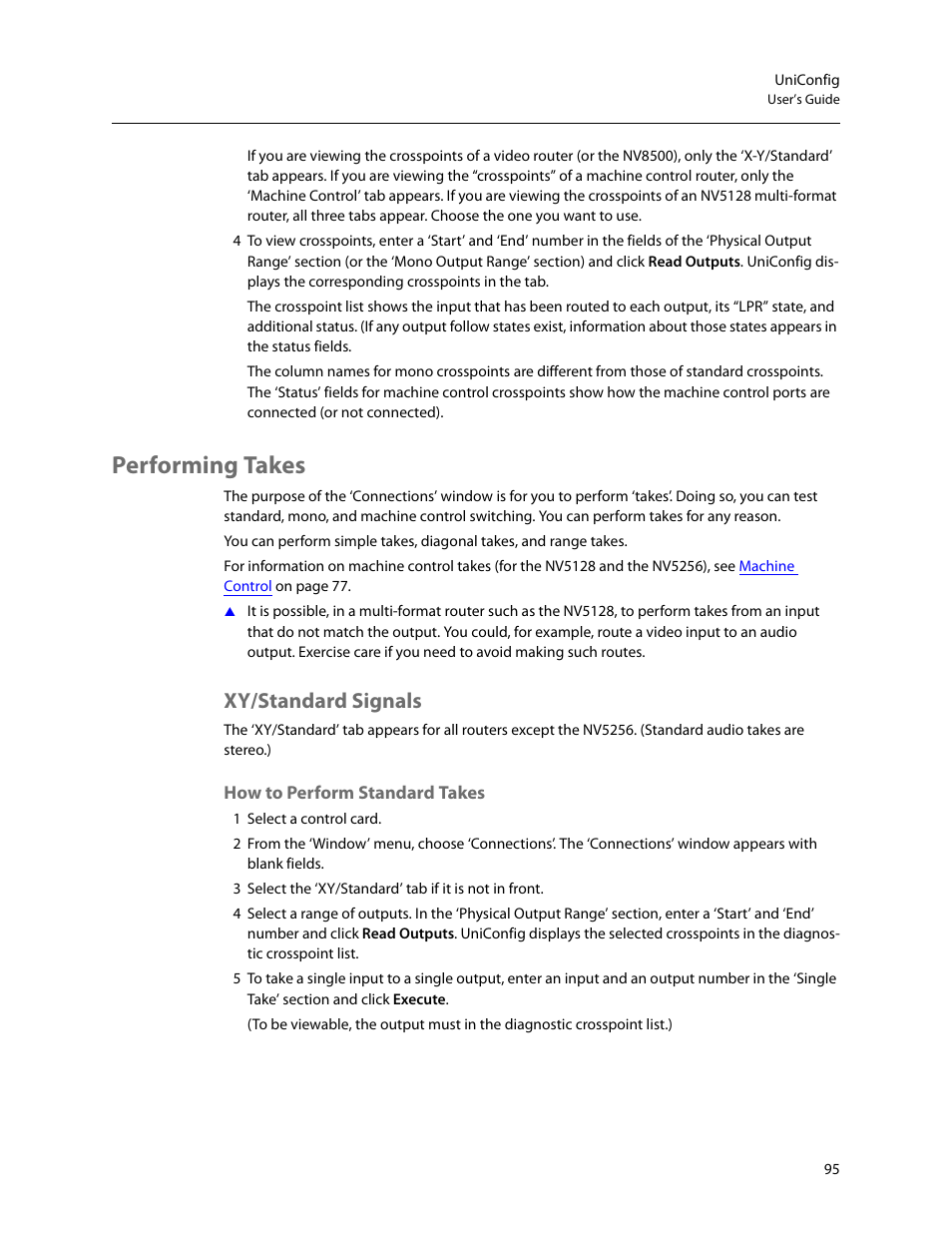 Performing takes, Xy/standard signals, How to perform standard takes | Grass Valley UniConfi NVISION Series v.2.0 User Manual | Page 105 / 178