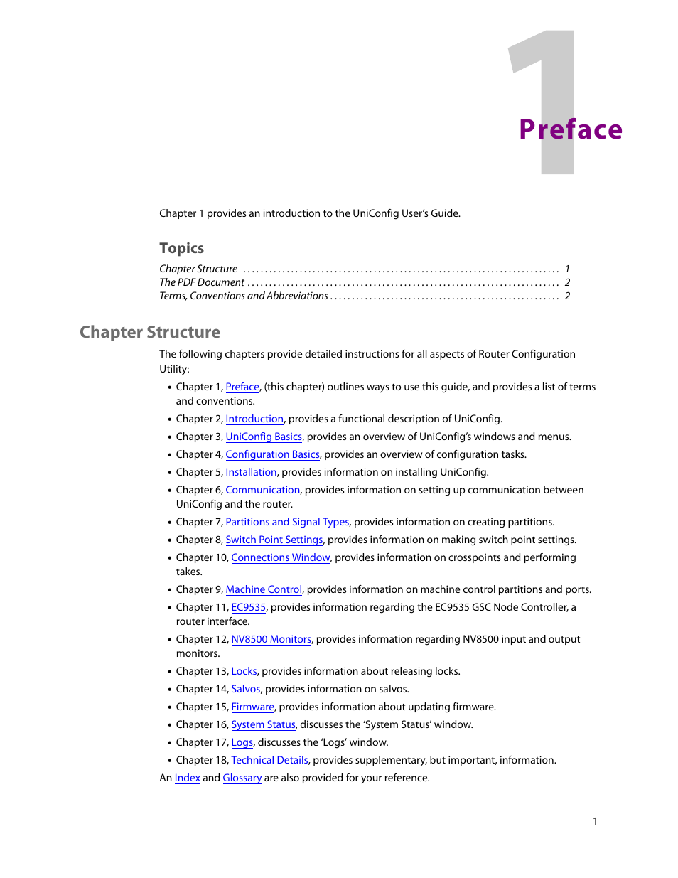 Preface, Chapter structure, 1 preface | Topics | Grass Valley UniConfi NVISION Series v.2.0 User Manual | Page 11 / 178