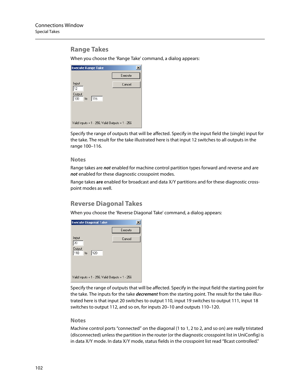 Range takes, Reverse diagonal takes, Notes | Grass Valley UniConfi NVISION Series v.2.0 User Manual | Page 112 / 178